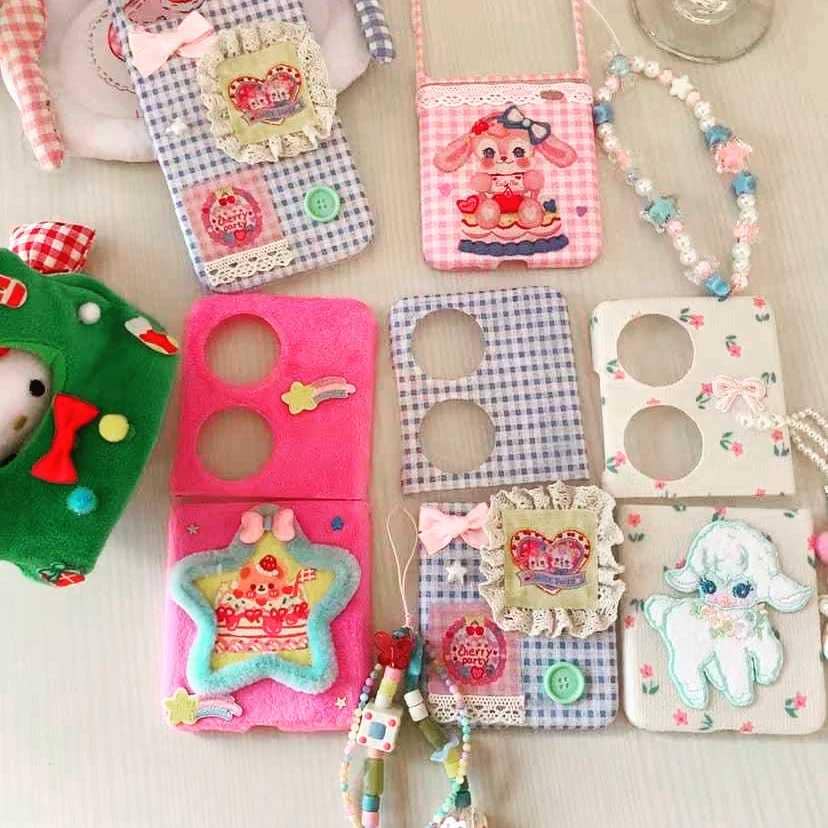 Handmade Fabric Phone Case for Samsung Fold, Pink Plaid with Bow Decoration, Y2K AestheticCustomizable Phone AccessoryUnique Girlfriend Gift