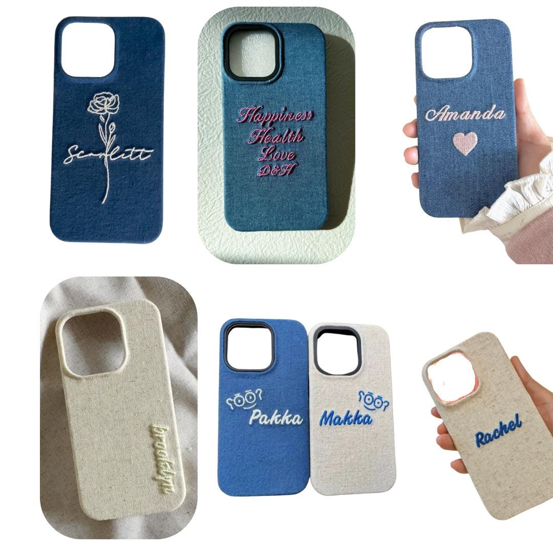 Custom Embroidered Fabric Phone Case Personalized With Name Icon Stylish Handmade Case for iPhone Android Perfect Gift for couples friends