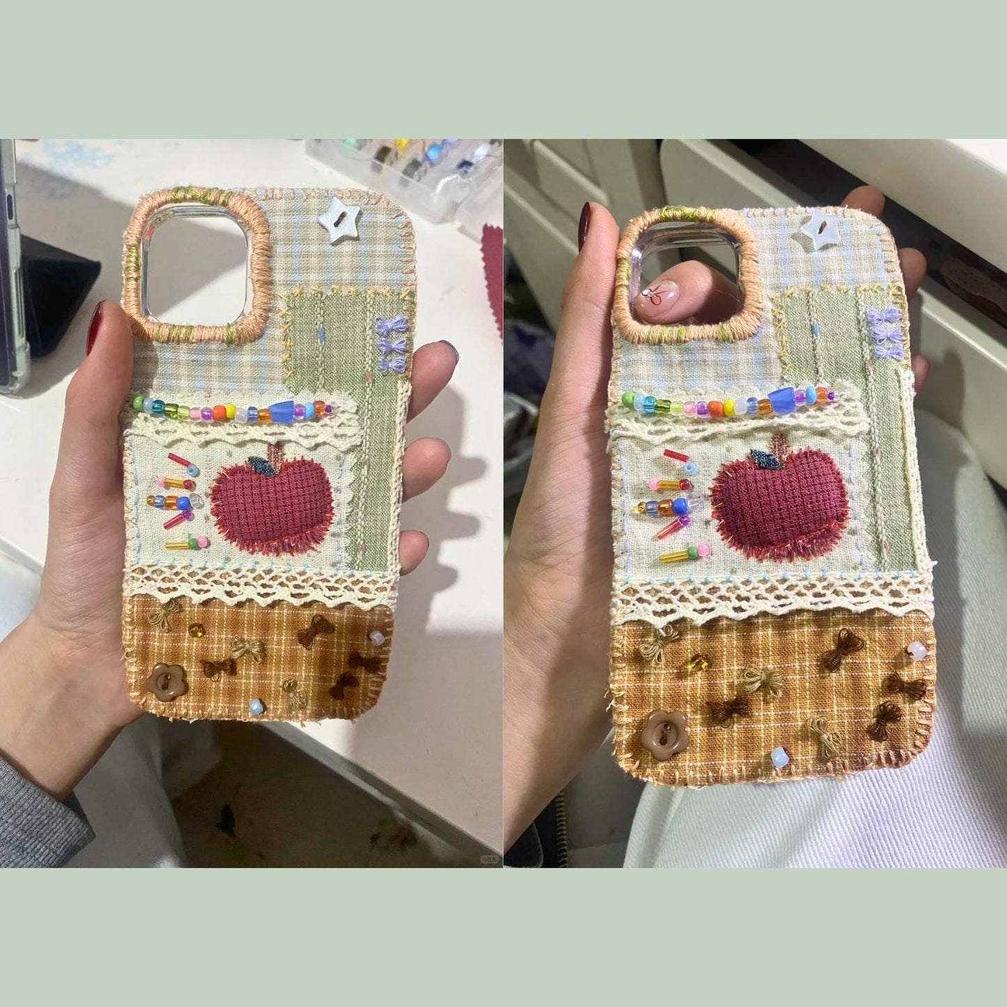 Customizable Handmade Fabric Phone Case Pet Lovers Gift for Her Couple Matching Bestie Gift Lace Embroidery Beadwork Country Style iPhone