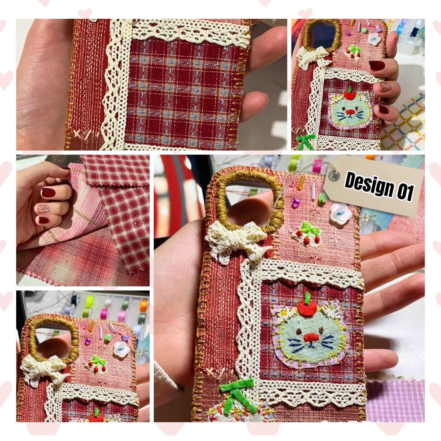 Customizable Handmade Fabric Phone Case Pet Lovers Gift for Her Couple Matching Bestie Gift Lace Embroidery Beadwork Country Style iPhone