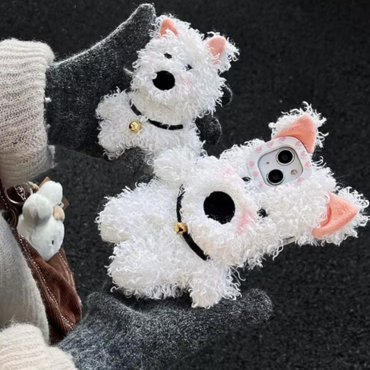 Handmade Plush Westie Dog Phone Case Set White Cute Pet Phone Case Earphone Case set Gift for Mothers Day Girlfriend Pet Memorial Pet Lovers