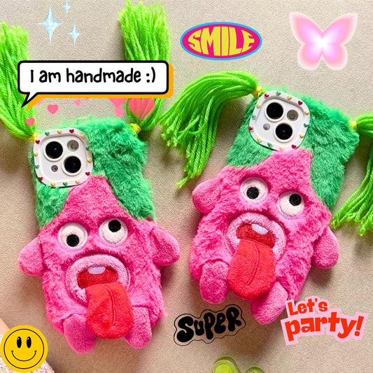 Handmade Pink & Green Exaggerated Funny Hairstyle Knit Phone Case | Whimsical DIY Design | Perfect for Couples or Best Friends Matching Set