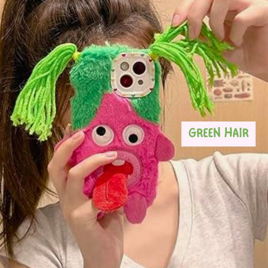 Handmade Pink & Green Exaggerated Funny Hairstyle Knit Phone Case | Whimsical DIY Design | Perfect for Couples or Best Friends Matching Set