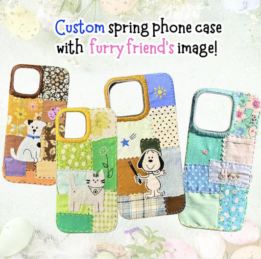 Personalized Handmade Fabric Phone Case Spring Floral Embroidered Cover Cute Aesthetic Design Stylish Protective Accessory Gift for Her Pet