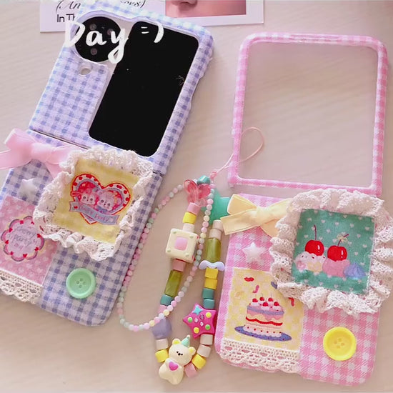 Handmade Fabric Phone Case for Samsung Fold, Pink Plaid with Bow Decoration, Y2K AestheticCustomizable Phone AccessoryUnique Girlfriend Gift