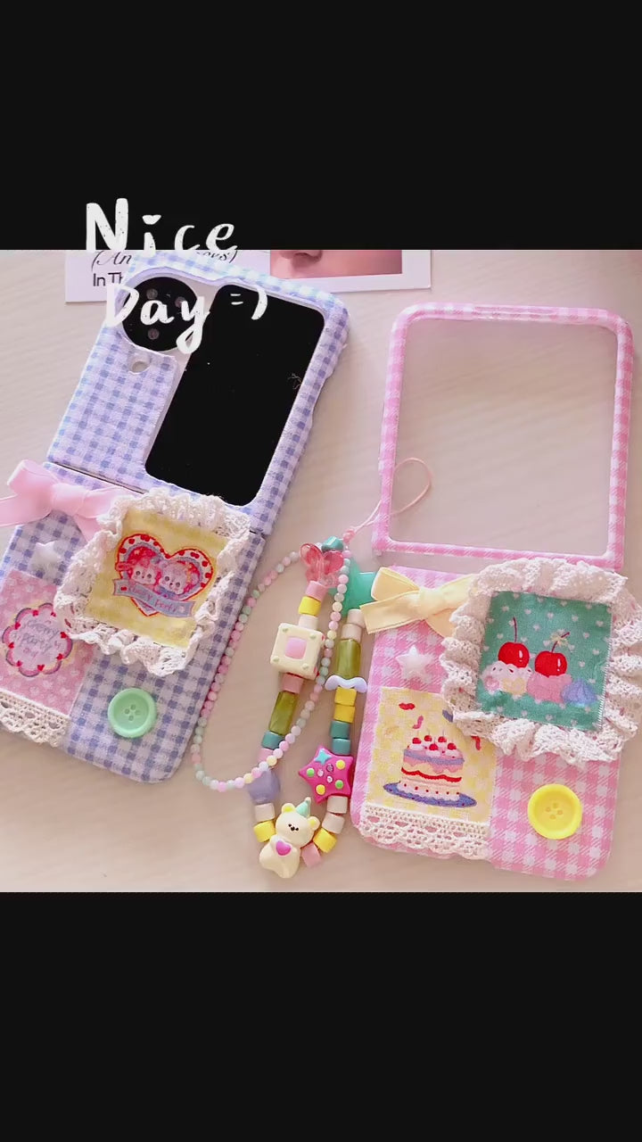 Handmade Fabric Phone Case for Samsung Fold, Pink Plaid with Bow Decoration, Y2K AestheticCustomizable Phone AccessoryUnique Girlfriend Gift